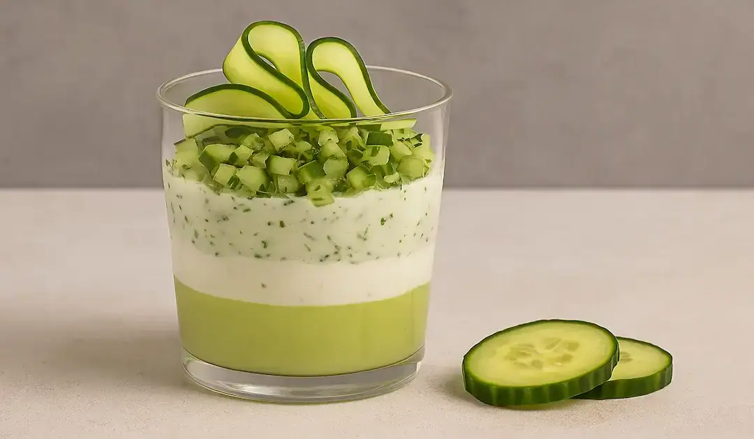 Verrine au concombre composée de trois couches : crème, purée et dés de concombre, garnie de rubans de concombre frais dans un verre transparent.