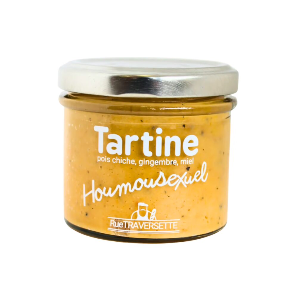 Pot de houmous de pois chiches artisanal Houmousexuel, recette Rue Traversette au gingembre et miel.