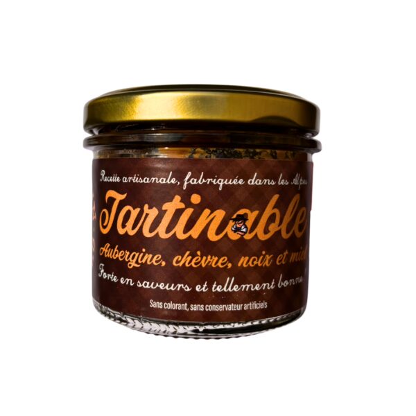 Pot de tartinade de légumes à l’aubergine, chèvre, noix et miel, recette artisanale du Crétin des Alpes.