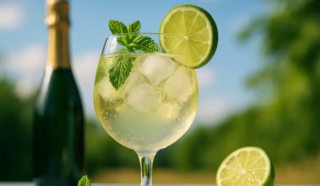 Cocktail prosecco citron vert servi avec glaçons et rondelle de citron dans un cadre estival lumineux