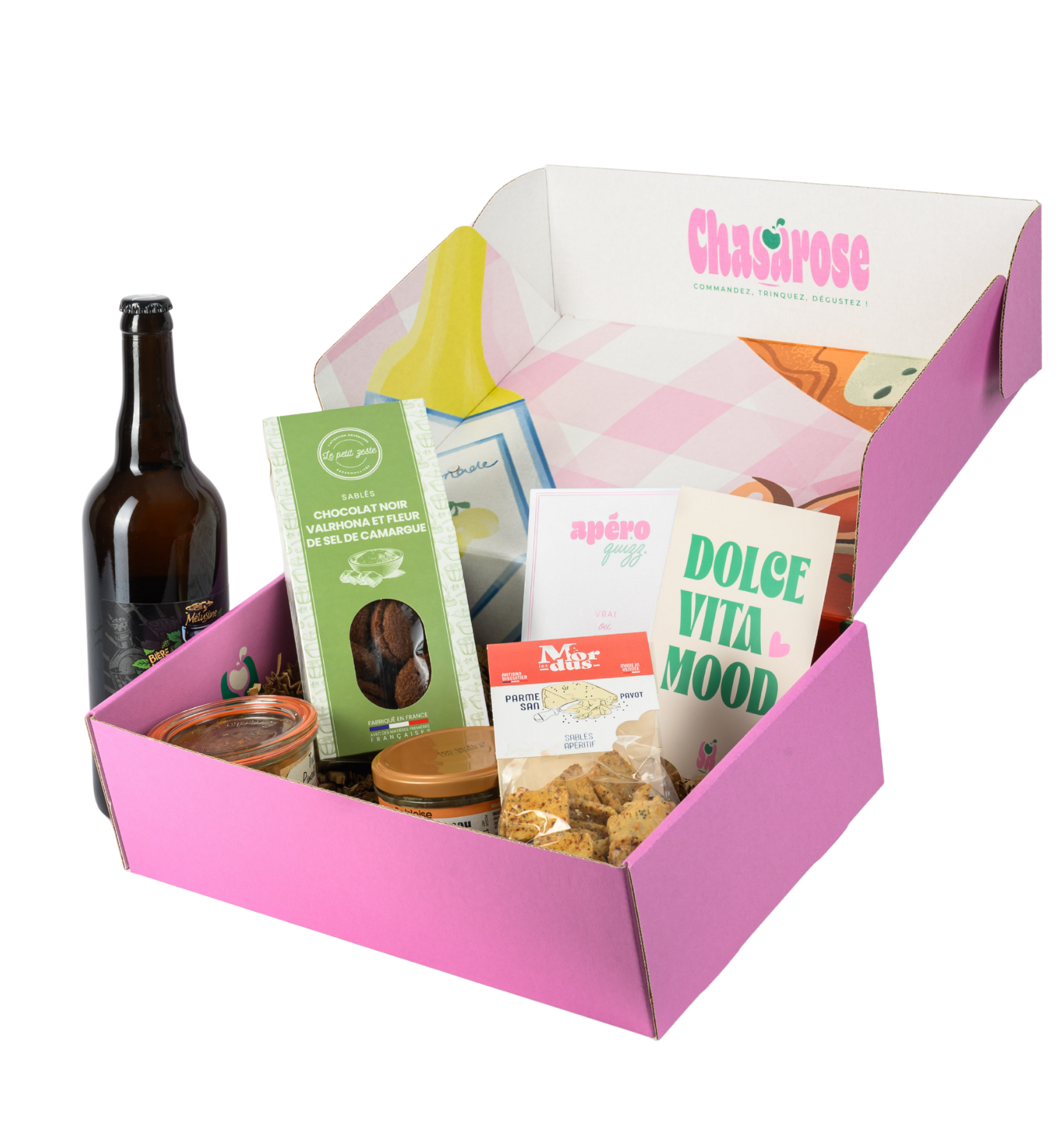 Box apéro gourmande Chasarose avec biscuits artisanaux, chocolats, tartinades et boisson, présentée dans une boîte cadeau rose.