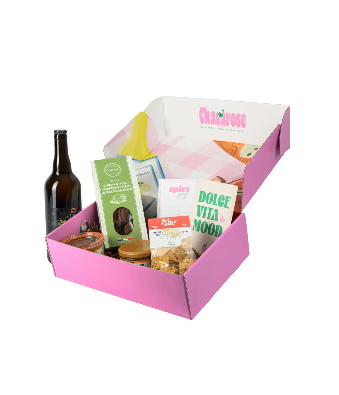 Coffret apéritif Chasarose – box artisanale française composée de produits du terroir.
