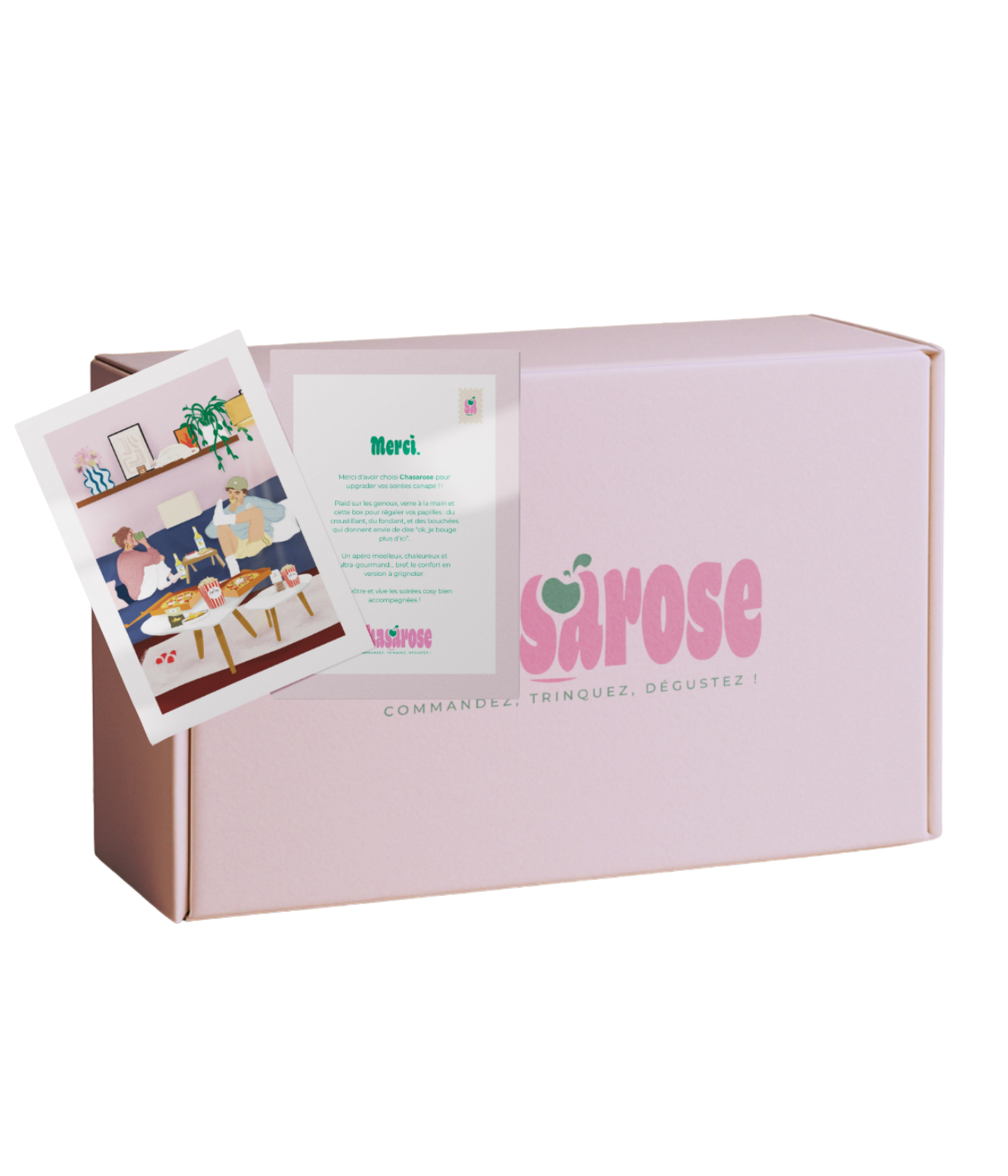 Box sucrerie Chasarose "Canap" fermée avec cartes de remerciement glissées contre la boîte sur fond transparent. Idéal pour une soirée cosy.