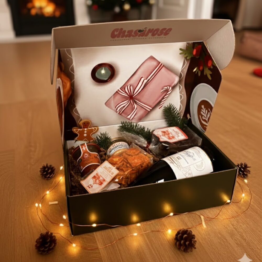 Box de Noël Chasarose ouverte avec produits artisanaux, devant un sapin et une cheminée.