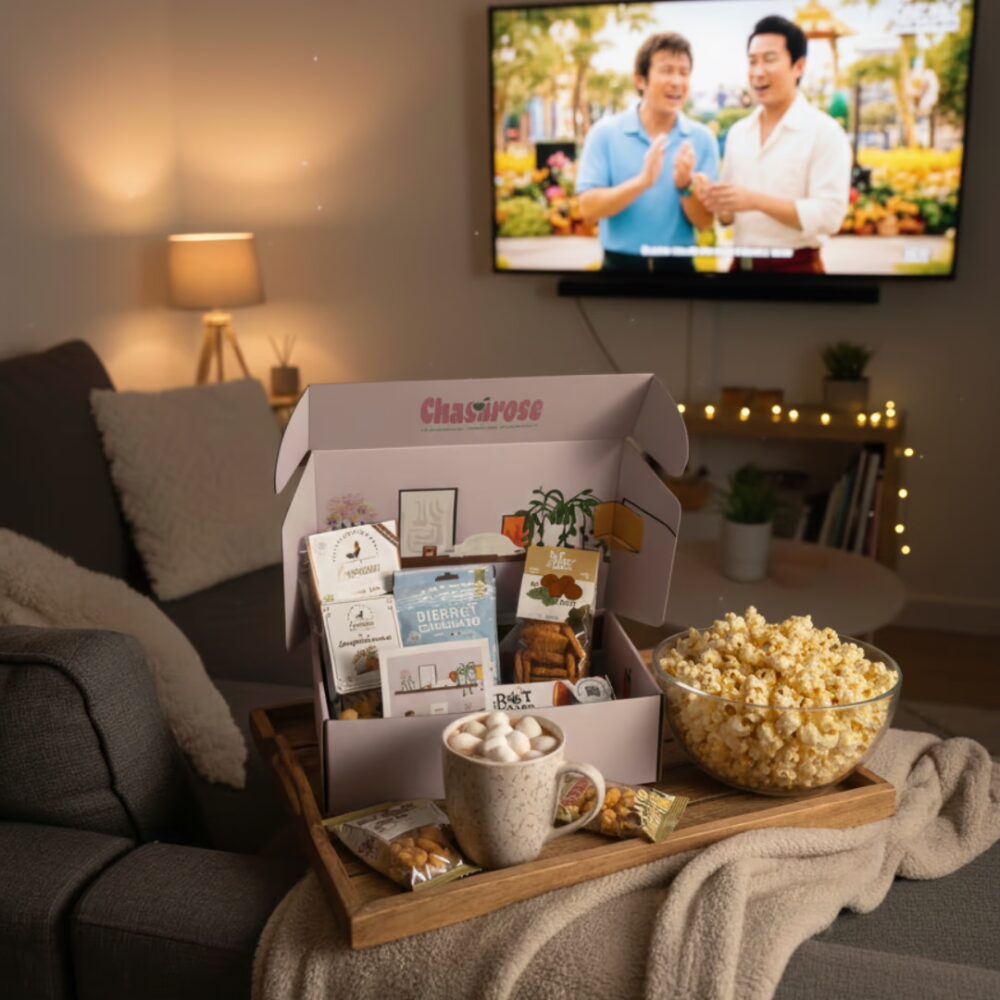 Box Canap’ Chasarose présentée dans un salon cosy, avec popcorn, boisson chaude et gourmandises ; une box sucrerie idéale pour une soirée détente devant la télévision.