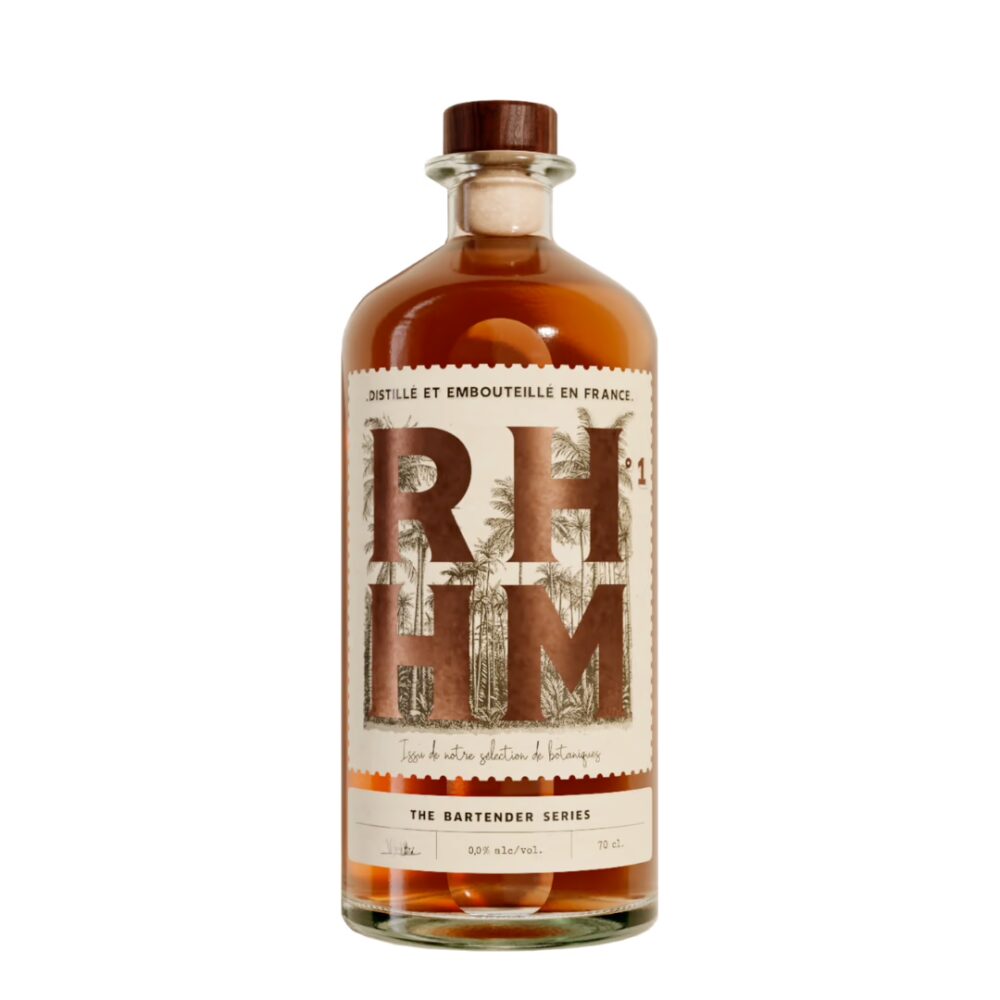 Bouteille de rhum sans alcool JNPR RHHM N°1 – packshot du spiritueux ambré en 70 cl.