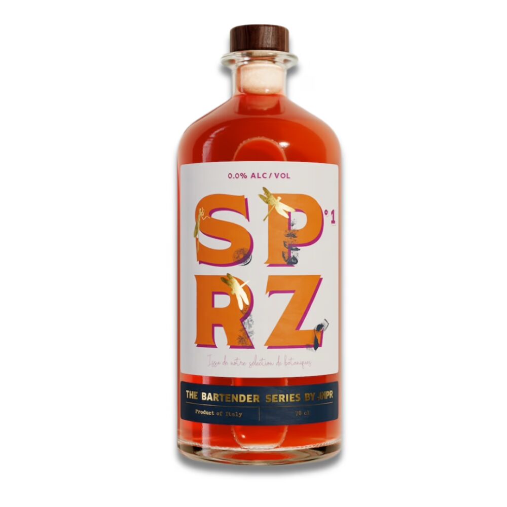 Bouteille de SPRZ N°1 JNPR, spritz sans alcool italien, apéritif aux agrumes.