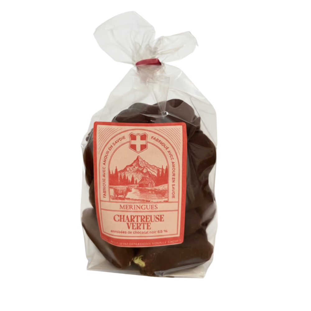 Sachet de meringues artisanales Maison Guss à la Chartreuse Verte, enrobées de chocolat noir, avec étiquette illustrée style vintage savoyard.