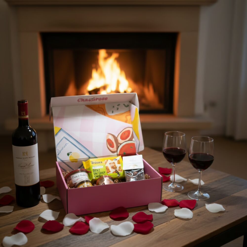 Une box apéro rose "Chasarose" ouverte sur une table en bois, contenant des tartinables artisanaux et un sachet de "Dent du Chat Oignon". À côté, une bouteille de vin rouge et deux verres remplis, entourés de pétales de roses rouges et blanches, devant une cheminée allumée.