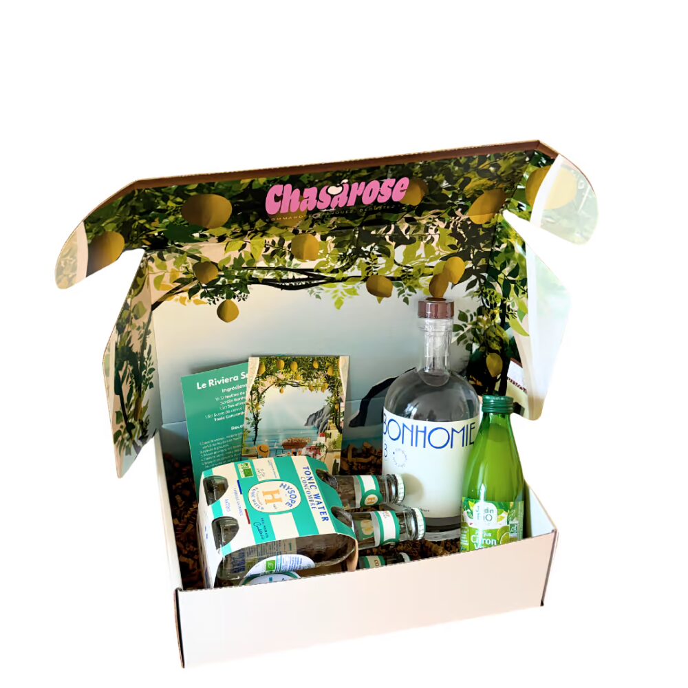 Coffret Basil Smash Gin Le Riviera Smash, box ouverte avec Gin Bonhomie, tonics concombre Hysope et jus de citron vert bio, Chasarose